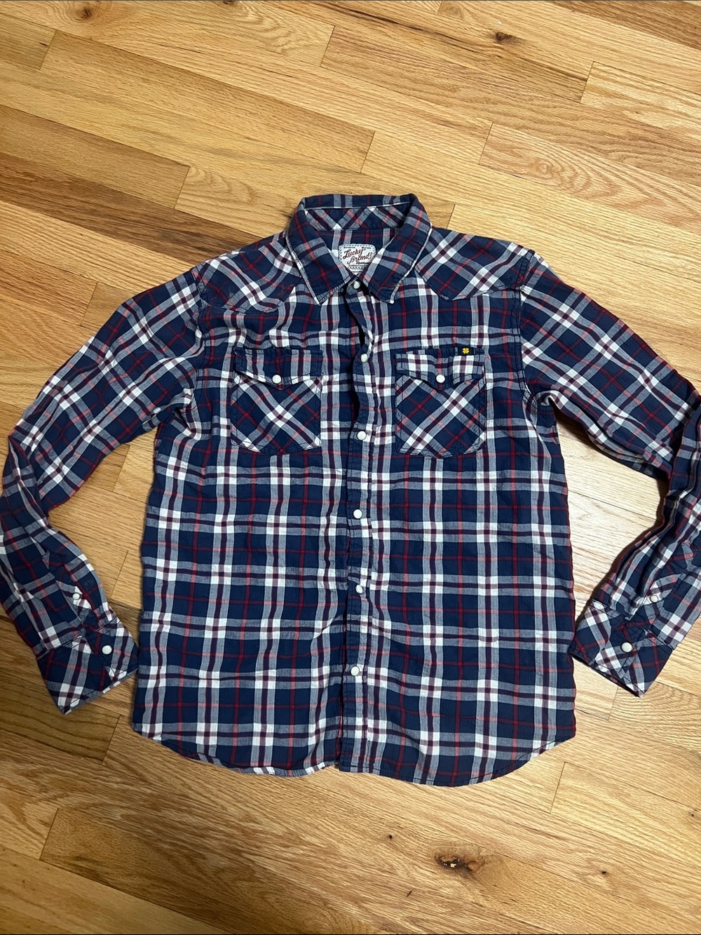 Lucky Brand Navy Plaid Button-Down Shirt with Red and White Stripes